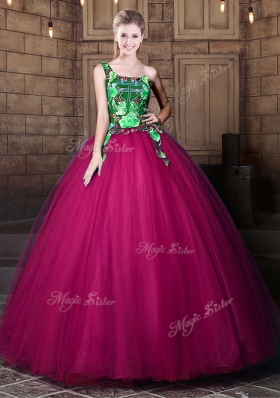 Romantic One Shoulder Sleeveless Floor Length Pattern Lace Up Quinceanera Gowns with Fuchsia