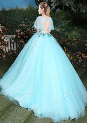 Scoop Aqua Blue Ball Gowns Appliques Vestidos de Quinceanera Lace Up Tulle Half Sleeves