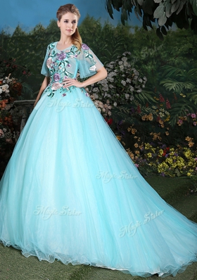 Scoop Aqua Blue Ball Gowns Appliques Vestidos de Quinceanera Lace Up Tulle Half Sleeves