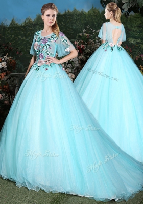 Scoop Aqua Blue Ball Gowns Appliques Vestidos de Quinceanera Lace Up Tulle Half Sleeves