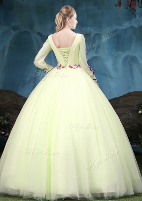Scoop Floor Length Ball Gowns Long Sleeves Yellow Green Quinceanera Dresses Lace Up