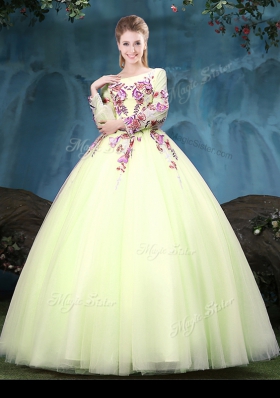 Scoop Floor Length Ball Gowns Long Sleeves Yellow Green Quinceanera Dresses Lace Up
