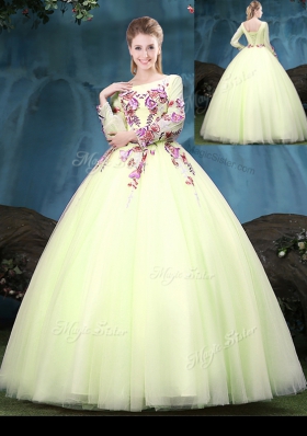 Scoop Floor Length Ball Gowns Long Sleeves Yellow Green Quinceanera Dresses Lace Up