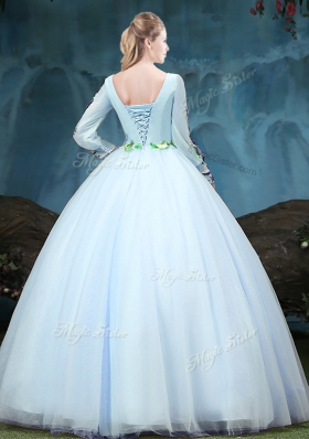 Scoop Long Sleeves Lace Up Vestidos de Quinceanera Light Blue Tulle