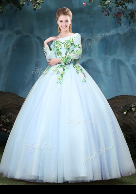 Scoop Long Sleeves Lace Up Vestidos de Quinceanera Light Blue Tulle