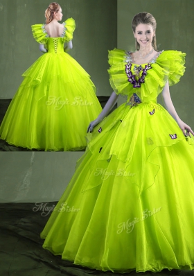 Sleeveless Organza Floor Length Lace Up Vestidos de Quinceanera in Yellow Green for with Appliques and Ruffles