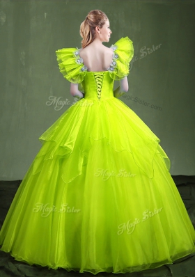 Sleeveless Organza Floor Length Lace Up Vestidos de Quinceanera in Yellow Green for with Appliques and Ruffles