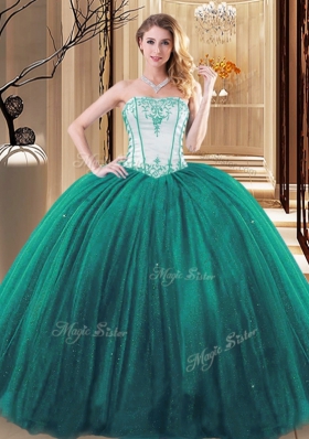 Strapless Sleeveless Quinceanera Gowns Floor Length Embroidery Green Tulle and Sequined