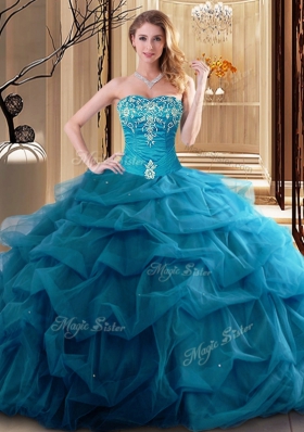 Stunning Teal Sleeveless Embroidery and Ruffles Floor Length Quince Ball Gowns