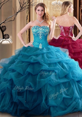 Stunning Teal Sleeveless Embroidery and Ruffles Floor Length Quince Ball Gowns