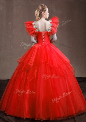 Super Red Sleeveless Appliques and Ruffles Floor Length Quinceanera Dress