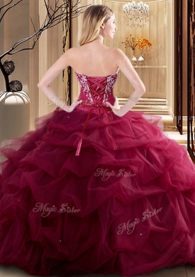 Wine Red Ball Gowns Embroidery and Ruffles Quinceanera Dresses Lace Up Tulle Sleeveless Floor Length