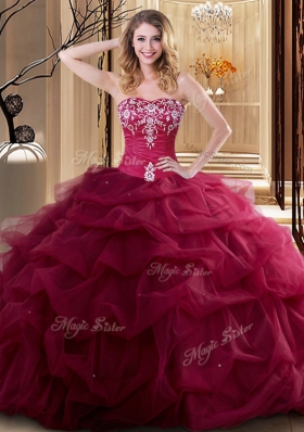 Wine Red Ball Gowns Embroidery and Ruffles Quinceanera Dresses Lace Up Tulle Sleeveless Floor Length
