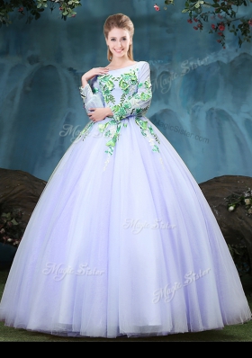 Wonderful Scoop Lavender Lace Up Sweet 16 Dresses Appliques Long Sleeves Floor Length