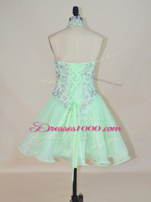 Sumptuous Apple Green A-line Organza Halter Top Sleeveless Beading Mini Length Lace Up Cocktail Dress