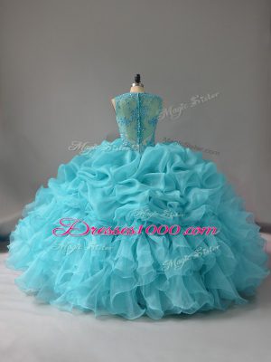 Aqua Blue Sleeveless Floor Length Appliques and Ruffles and Pick Ups Zipper Ball Gown Prom Dress