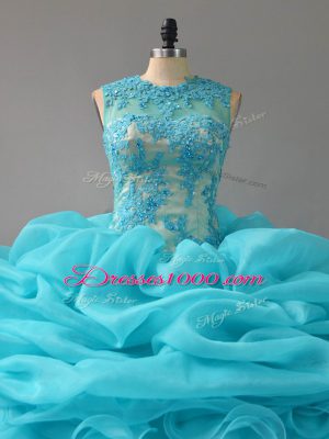 Aqua Blue Sleeveless Floor Length Appliques and Ruffles and Pick Ups Zipper Ball Gown Prom Dress