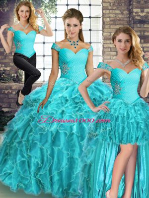 Gorgeous Sleeveless Brush Train Beading and Ruffles Lace Up Ball Gown Prom Dress