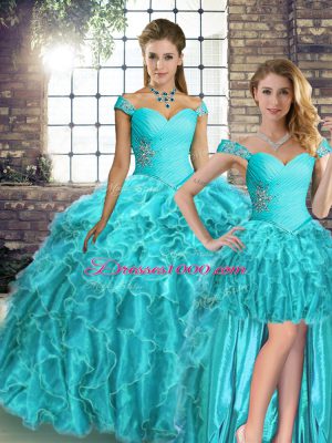 Gorgeous Sleeveless Brush Train Beading and Ruffles Lace Up Ball Gown Prom Dress