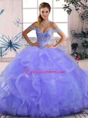 Lavender Sleeveless Beading and Ruffles Asymmetrical 15th Birthday Dress
