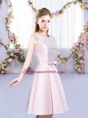 Scoop Sleeveless Bridesmaids Dress Mini Length Bowknot Baby Pink Satin