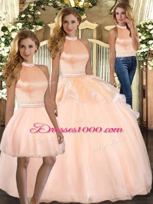High End Organza Halter Top Sleeveless Backless Beading Quinceanera Dress in Peach