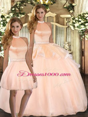 High End Organza Halter Top Sleeveless Backless Beading Quinceanera Dress in Peach