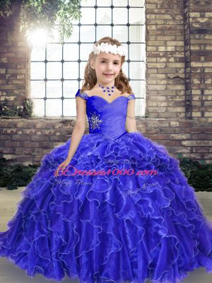 Cheap Blue Organza Lace Up Straps Sleeveless Floor Length Casual Dresses Beading and Ruffles