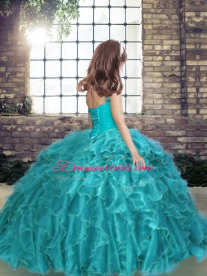 Cheap Blue Organza Lace Up Straps Sleeveless Floor Length Casual Dresses Beading and Ruffles