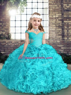 Straps Sleeveless Lace Up Kids Formal Wear Aqua Blue Organza
