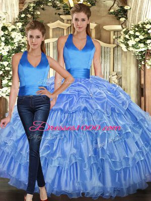 Pretty Halter Top Sleeveless Quince Ball Gowns Floor Length Ruffles and Pick Ups Baby Blue Organza