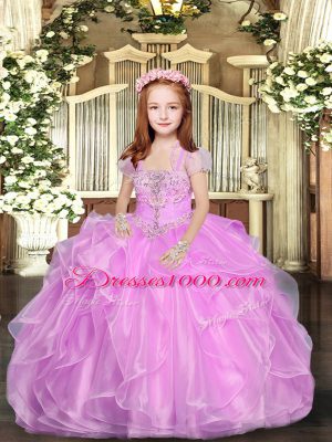 Ball Gowns Little Girls Pageant Gowns Lilac Straps Organza Sleeveless Floor Length Lace Up