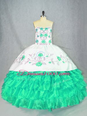 Turquoise Lace Up Sweetheart Embroidery and Ruffled Layers Ball Gown Prom Dress Organza Sleeveless