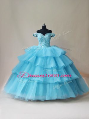 Custom Designed Aqua Blue Sleeveless Beading and Ruffled Layers Floor Length Quinceanera Gown