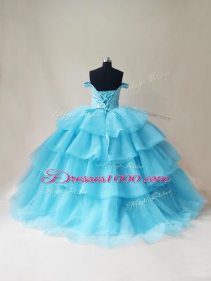 Custom Designed Aqua Blue Sleeveless Beading and Ruffled Layers Floor Length Quinceanera Gown