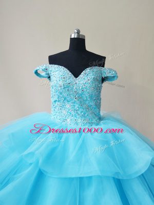 Custom Designed Aqua Blue Sleeveless Beading and Ruffled Layers Floor Length Quinceanera Gown