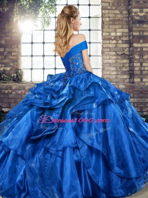 Excellent Yellow Ball Gowns Off The Shoulder Sleeveless Organza Floor Length Lace Up Beading and Ruffles Sweet 16 Dresses