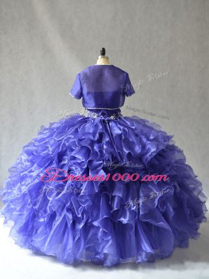 Blue Organza Lace Up Strapless Sleeveless Floor Length Quinceanera Gown Beading and Ruffles