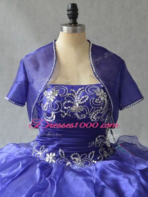 Blue Organza Lace Up Strapless Sleeveless Floor Length Quinceanera Gown Beading and Ruffles