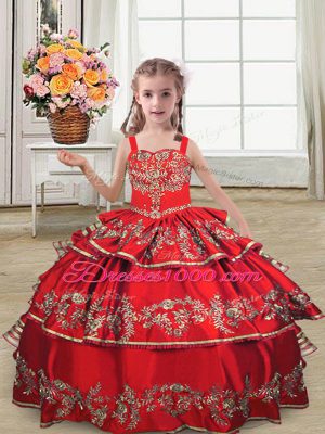 New Style Satin Sleeveless Floor Length Little Girl Pageant Dress and Embroidery and Ruffled Layers