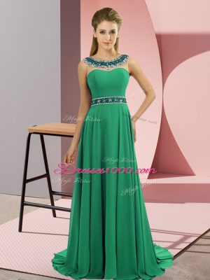 Zipper Prom Evening Gown Green for Prom and Party with Beading Brush Train