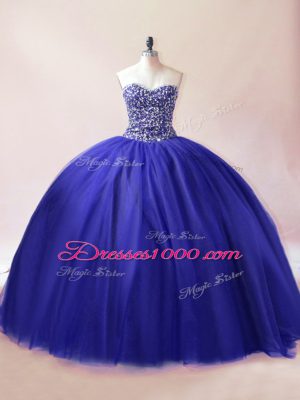 Flare Royal Blue Lace Up Sweetheart Beading Vestidos de Quinceanera Tulle Sleeveless