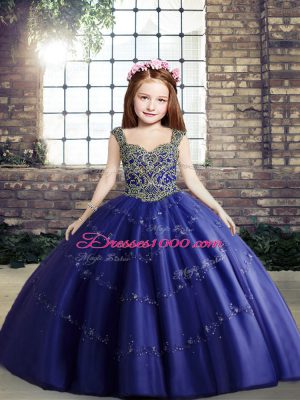 Cute Royal Blue Ball Gowns Beading Winning Pageant Gowns Lace Up Tulle Sleeveless Floor Length