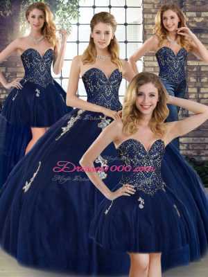 Cute Floor Length Lace Up Vestidos de Quinceanera Navy Blue for Military Ball and Sweet 16 and Quinceanera with Beading and Appliques