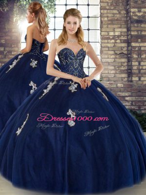 Cute Floor Length Lace Up Vestidos de Quinceanera Navy Blue for Military Ball and Sweet 16 and Quinceanera with Beading and Appliques