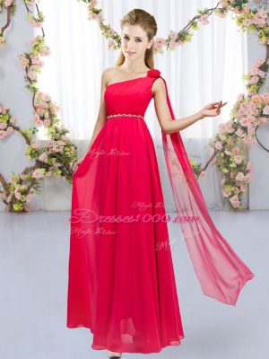 Red Sleeveless Floor Length Beading and Hand Made Flower Lace Up Dama Dress for Quinceanera
