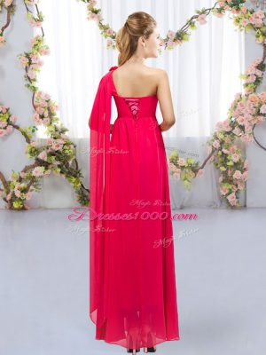 Red Sleeveless Floor Length Beading and Hand Made Flower Lace Up Dama Dress for Quinceanera