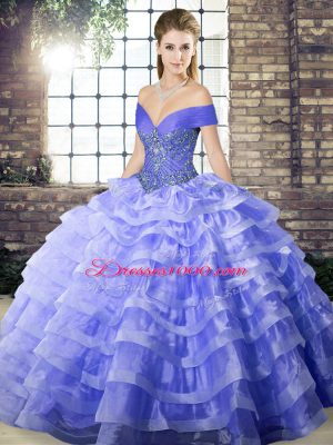 Lavender Ball Gowns Beading and Ruffled Layers 15th Birthday Dress Lace Up Organza Sleeveless