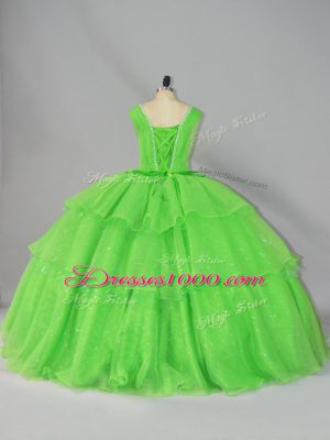 Sleeveless Organza Floor Length Lace Up Quinceanera Dress in with Beading and Ruffled Layers and Ruching