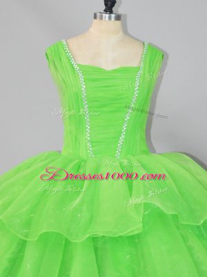 Sleeveless Organza Floor Length Lace Up Quinceanera Dress in with Beading and Ruffled Layers and Ruching